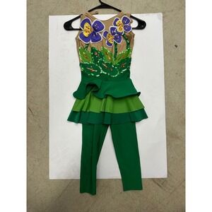 Kids Dance Leotard Tutu Y 10 Green Flowers‎ Sequence Tights Floral